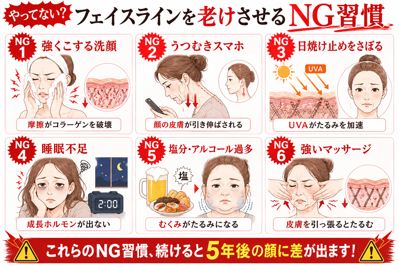 フェイスラインのたるみを加速させるNG習慣6選