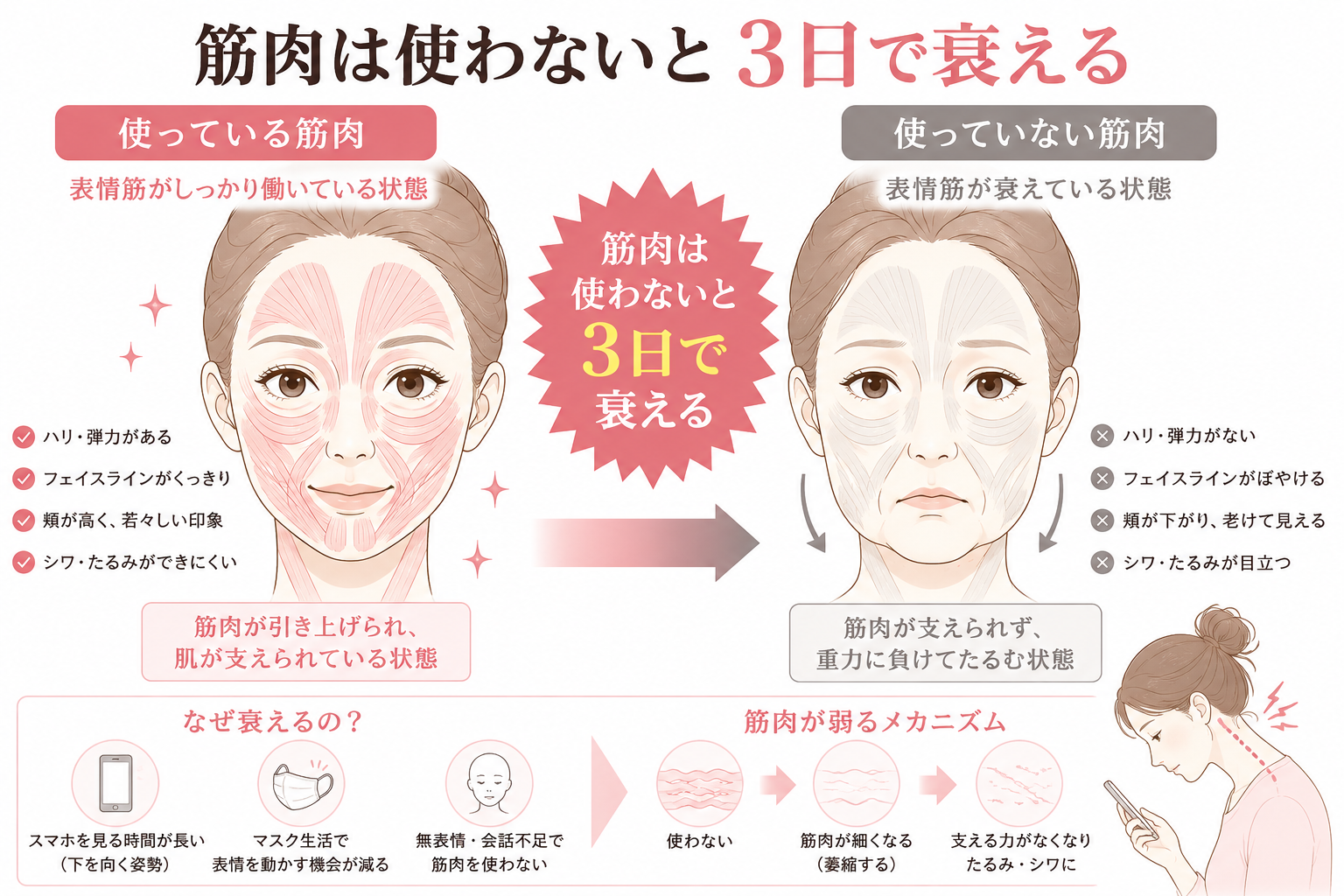 表情筋の衰え|使っている筋肉と使っていない筋肉の比較